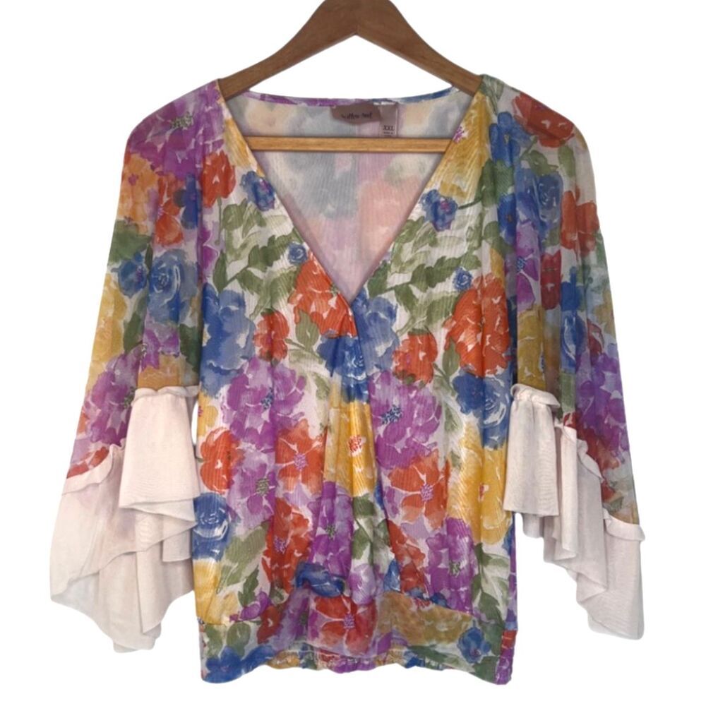 Willow Root Boho Butterfly‎ Sleeve Blouse Colorful Floral Print Size SM* Cottage